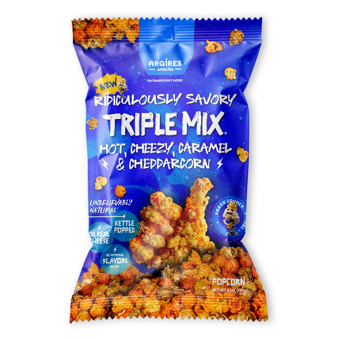 Argires Snacks RIDICULOUSLY SAVORY TRIPLE MIX (HOT, CARAMEL, CHEEZY CHEDDARCORN) - 6 OZ 15 Pack