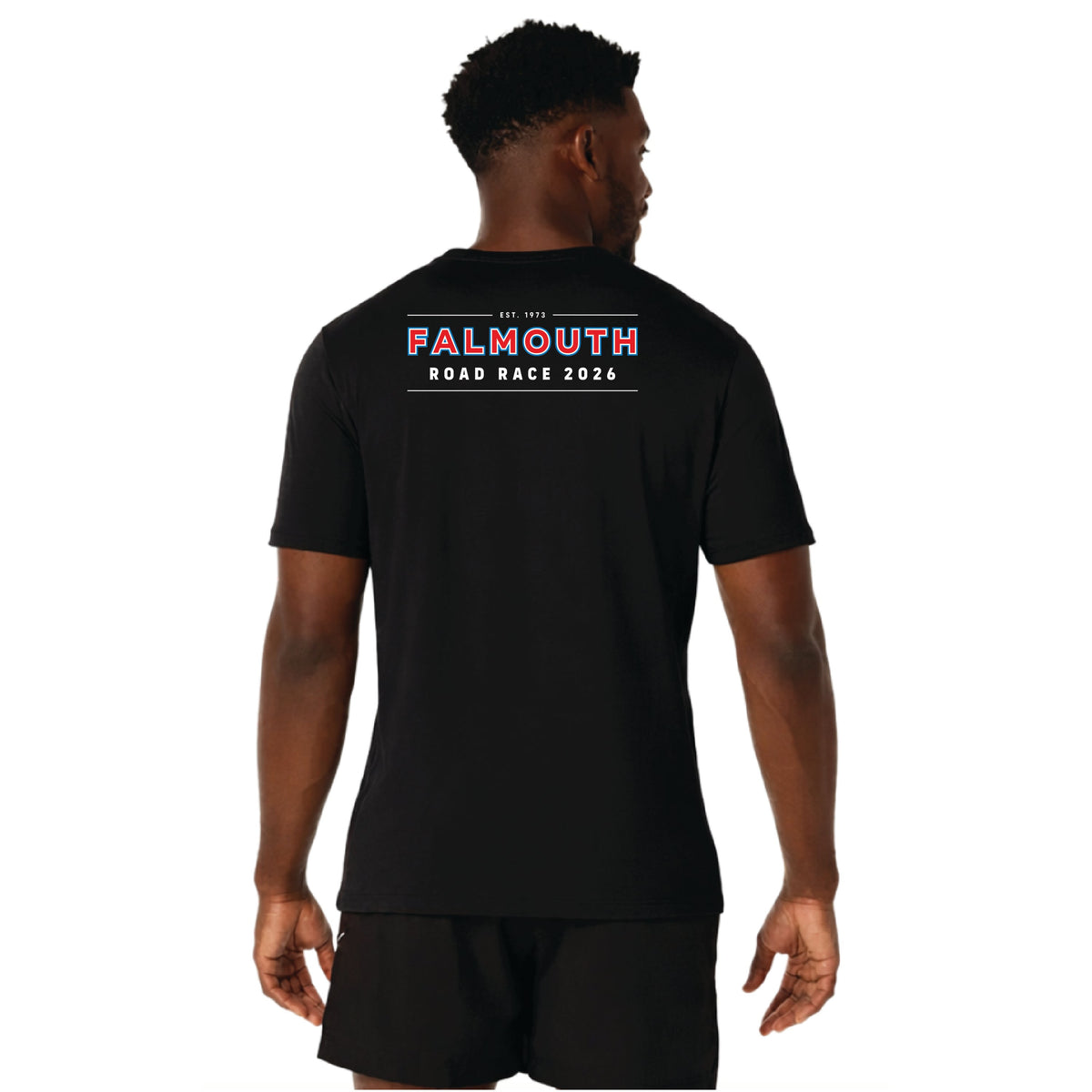 ASICS Falmouth Road Race 2026 - ASICS Men's PR Poly Cotton Short Sleeve Tee Black (2011D028) (FRR26-05 LC, FRR26-04 Back)
