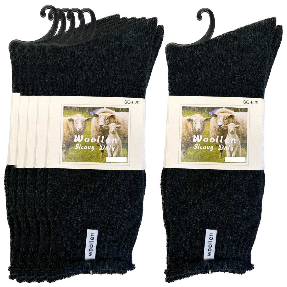 12 Pairs Black Premium Mens Wool Socks Bulk Pack - Heavy Duty Thick Work Socks w/ Cushion