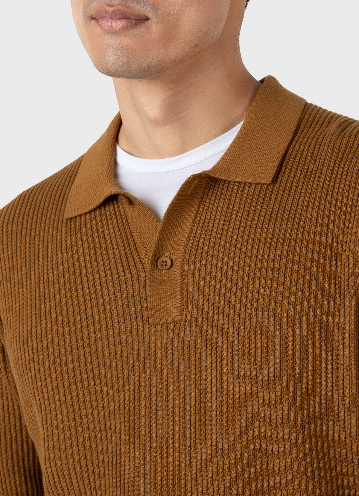 Mens Linear Mesh Knit Polo Shirt In Golden Brown Mpol8276 Brfo