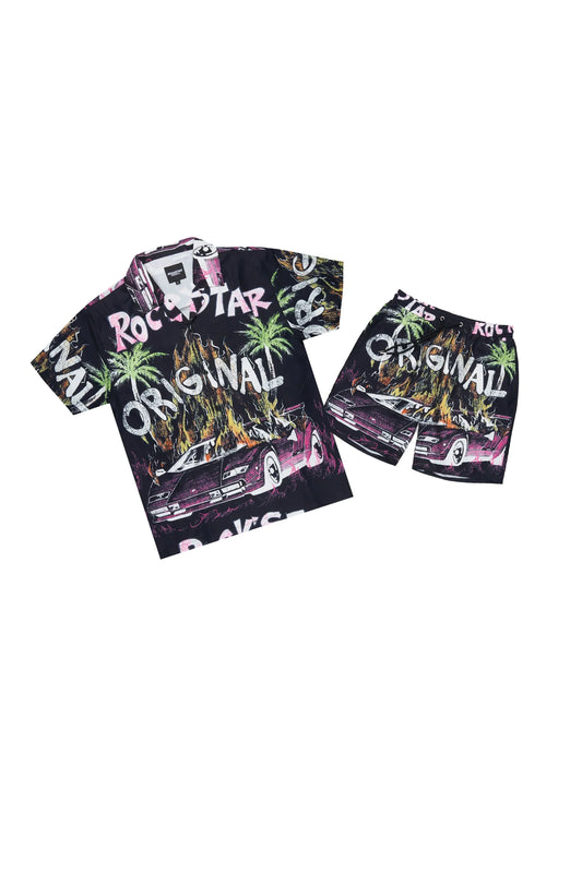 Boys Axrain Black Button Down Shirt/Short Set