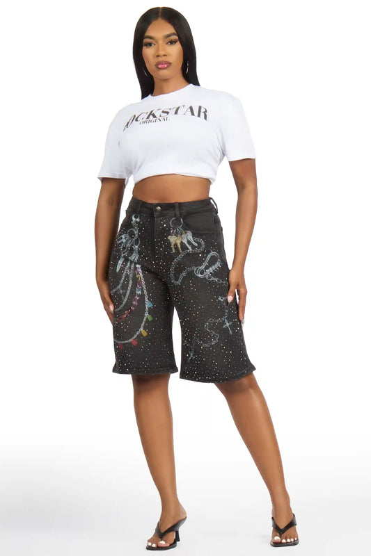 Anneshia Black Rhinestone Denim Jort