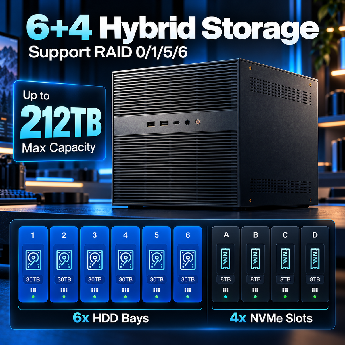 6+4 Bay Hybrid NAS Server, Intel 12th Gen 6-Core