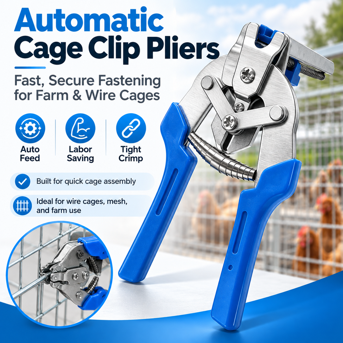 M Clip Cage Pliers, Spring-Assisted Crimping Tool for Chicken Rabbit Wire Cages
