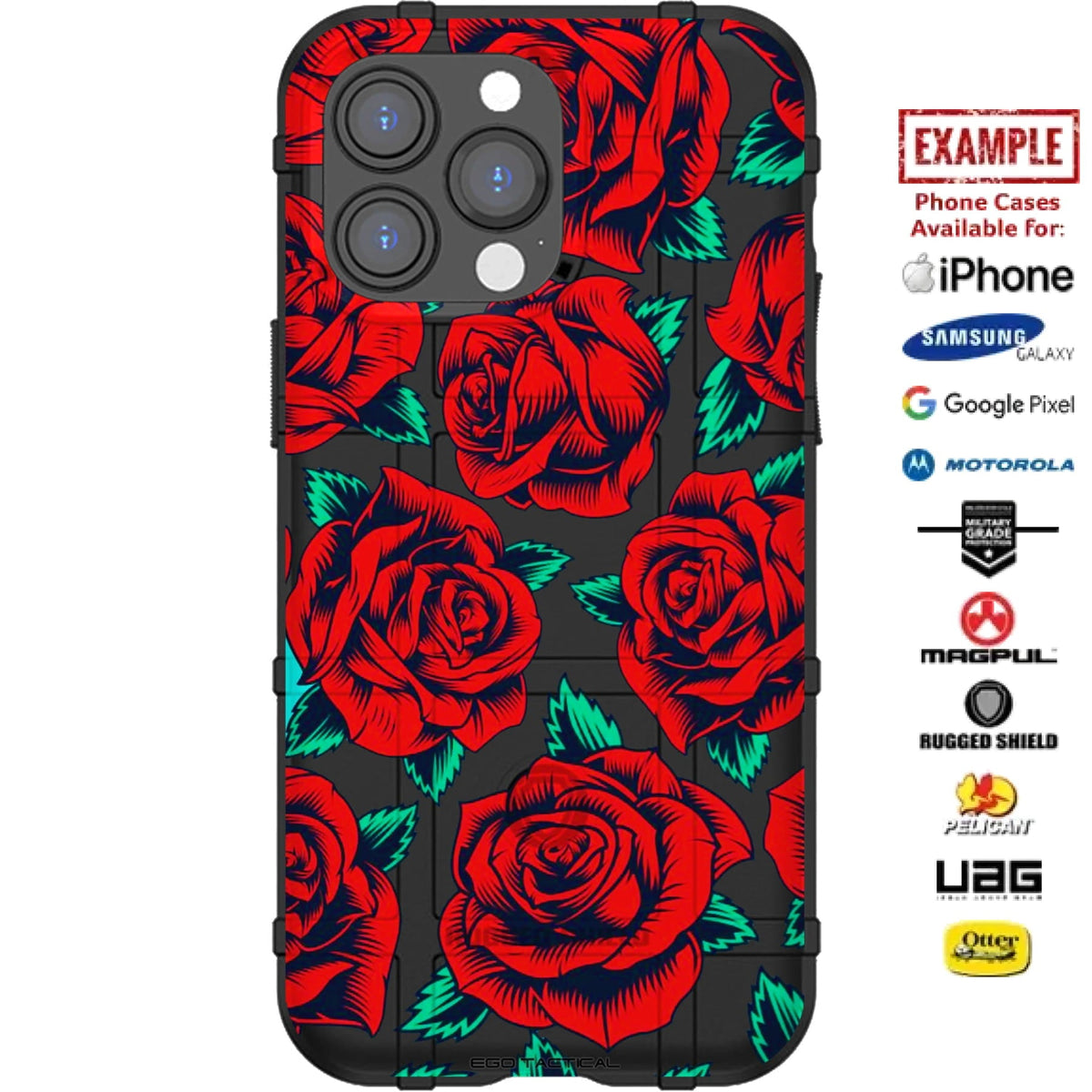 Red Roses on Black or OD Green Custom Printed Case Design for Apple, Samsung, Google & Motorola Phone Models
