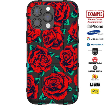 Red Roses on Black or OD Green Custom Printed Case Design for Apple, Samsung, Google & Motorola Phone Models