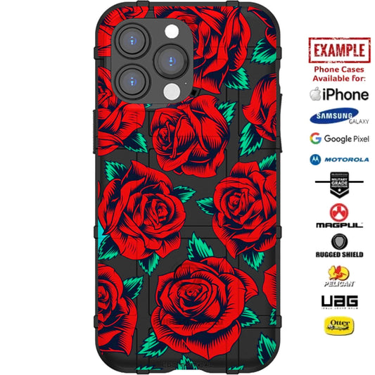 Red Roses on Black or OD Green Custom Printed Case Design for Apple, Samsung, Google & Motorola Phone Models
