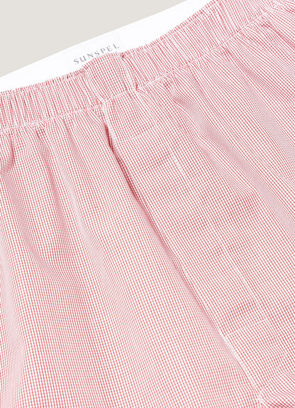 Mens Poplin Cotton Boxer Short In White Red Micro Gingham