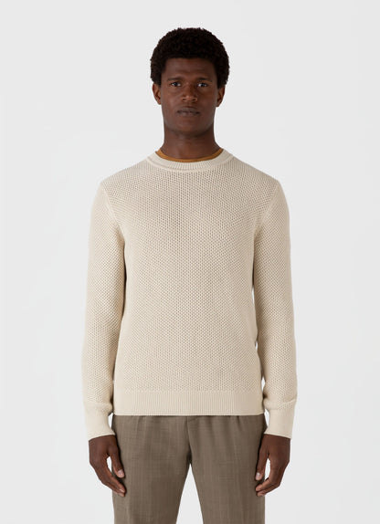 Mens Honeycomb Cotton Crew Neck Jumper In Ecru Mjum8207 Whcr