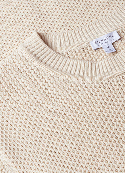 Mens Honeycomb Cotton Crew Neck Jumper In Ecru Mjum8207 Whcr