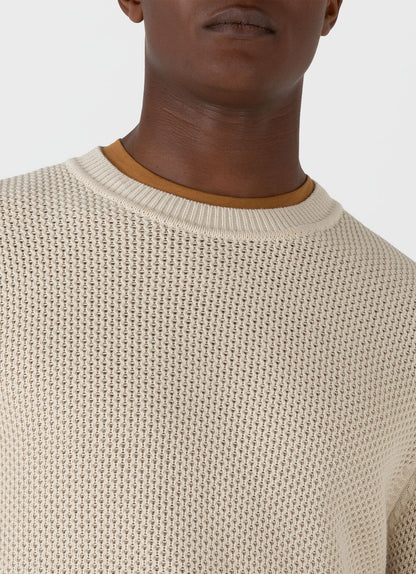 Mens Honeycomb Cotton Crew Neck Jumper In Ecru Mjum8207 Whcr