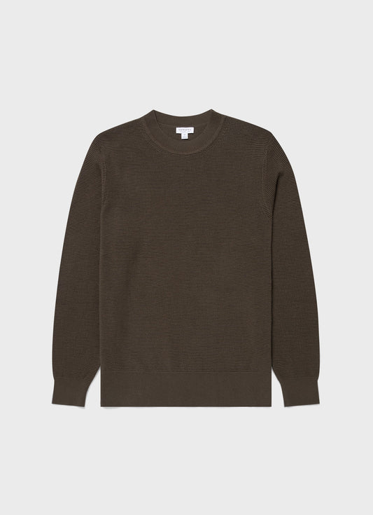 Mens Waffle Stitch Crew Neck Jumper In Khaki Mjum8231 Gngy