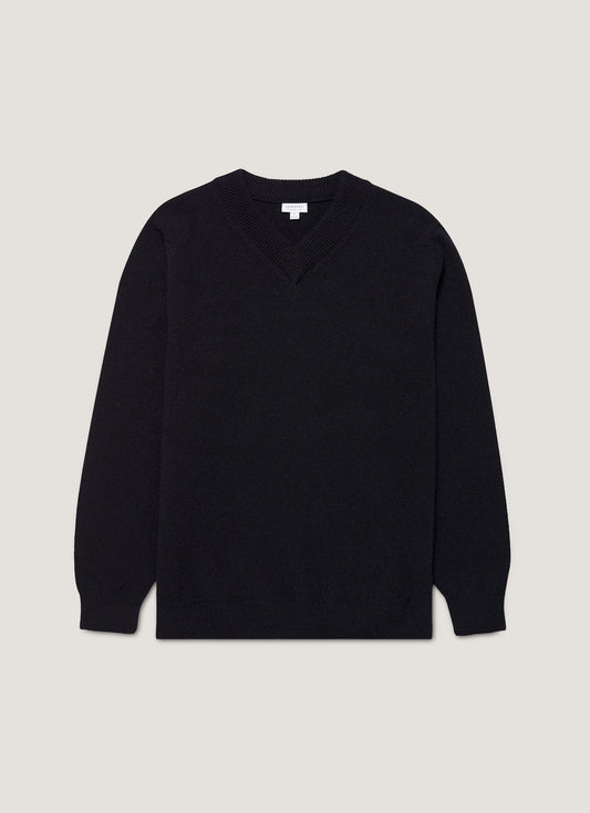 Mens Lambswool V Neck Jumper In Dark Navy Mouline Mjum8294 Bufa