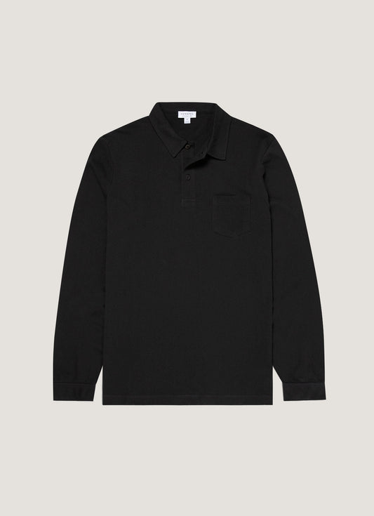 Mens Cotton Riviera Long Sleeve Polo Shirt In Black
