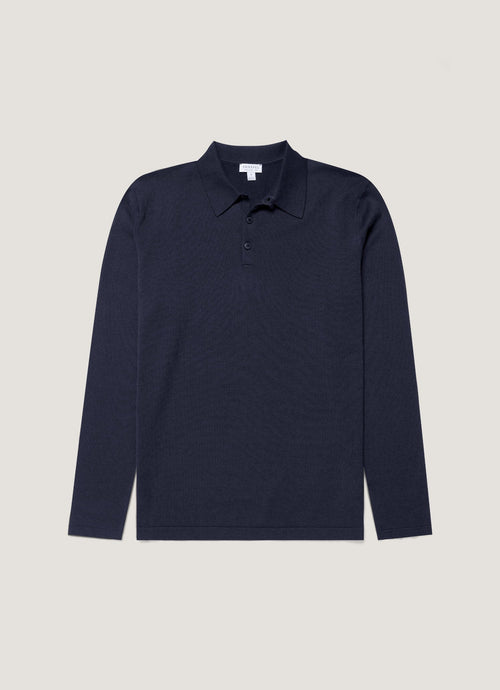 Mens Sea Island Cotton Knit Long Sleeve Polo In Light Navy