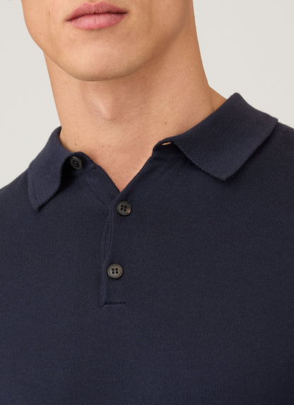 Mens Sea Island Cotton Knit Long Sleeve Polo In Light Navy
