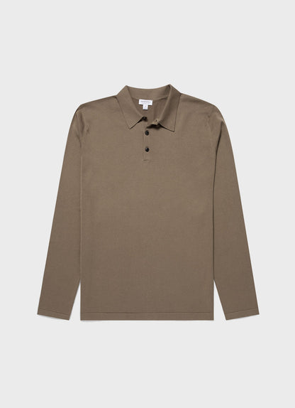 Mens Long Sleeve Sea Island Cotton Polo Shirt In Dark Stone Mpol8047 Whdc