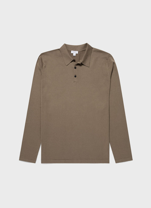 Mens Long Sleeve Sea Island Cotton Polo Shirt In Dark Stone Mpol8047 Whdc