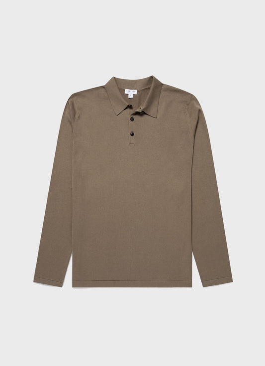 Mens Long Sleeve Sea Island Cotton Polo Shirt In Dark Stone Mpol8047 Whdc