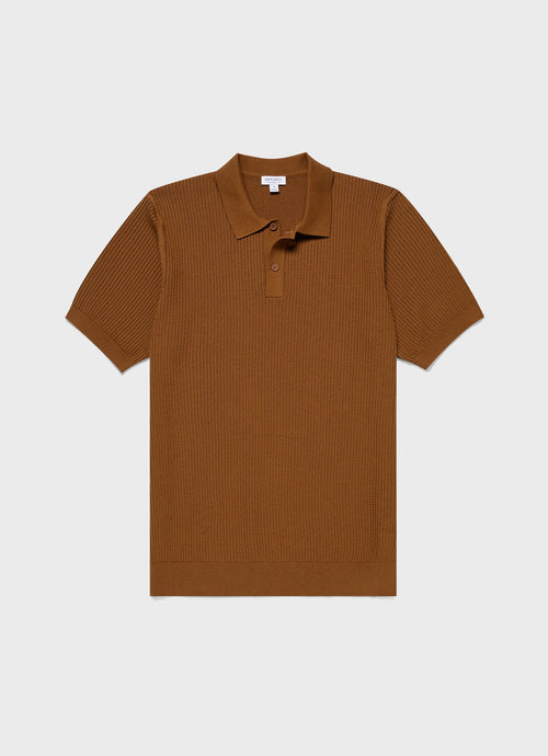 Mens Linear Mesh Knit Polo Shirt In Golden Brown Mpol8276 Brfo
