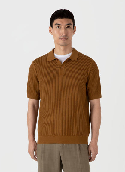 Mens Linear Mesh Knit Polo Shirt In Golden Brown Mpol8276 Brfo