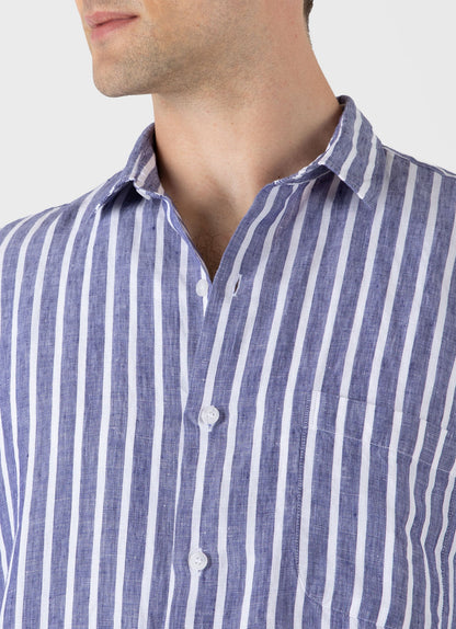 Mens Short Sleeve Linen Shirt In Navy White Msht2039 Stmo