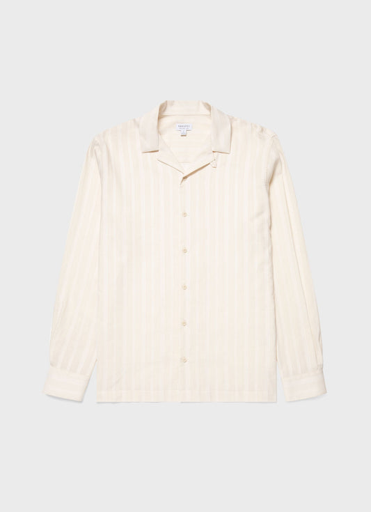 Men's Embroidered Stripe Long Sleeve Shirt in Ecru
