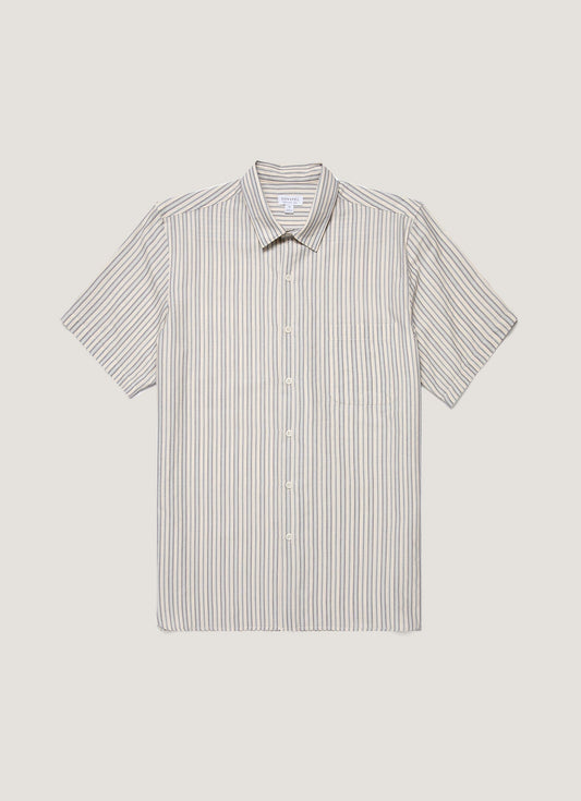Mens Short Sleeve Vintage Stripe Shirt In Soft Denim Ecru Msht2111 Stnj