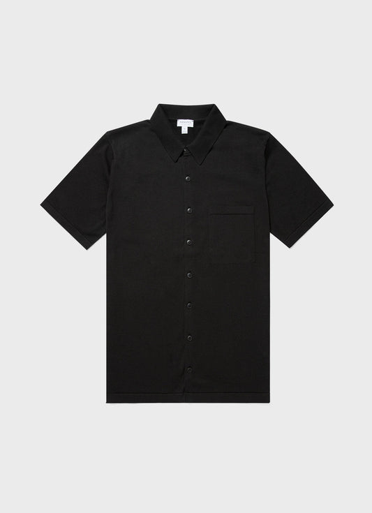 Mens Sea Island Cotton Knit Short Sleeve Shirt In Black