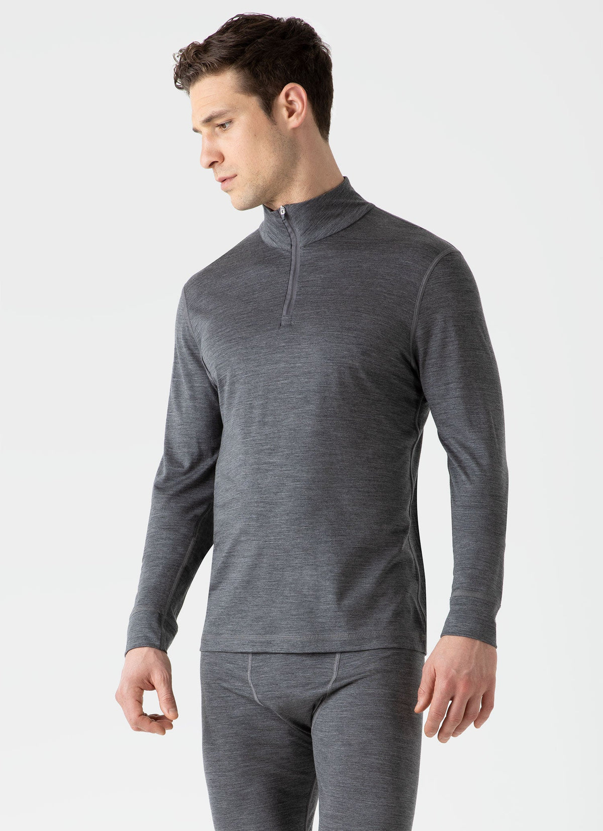 Merino Half Zip Top In Mid Grey Melange