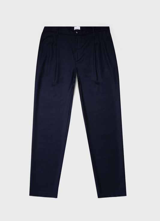 Mens Pleated Wool Flannel Trouser In Navy Melange Mtrs3076 Buag