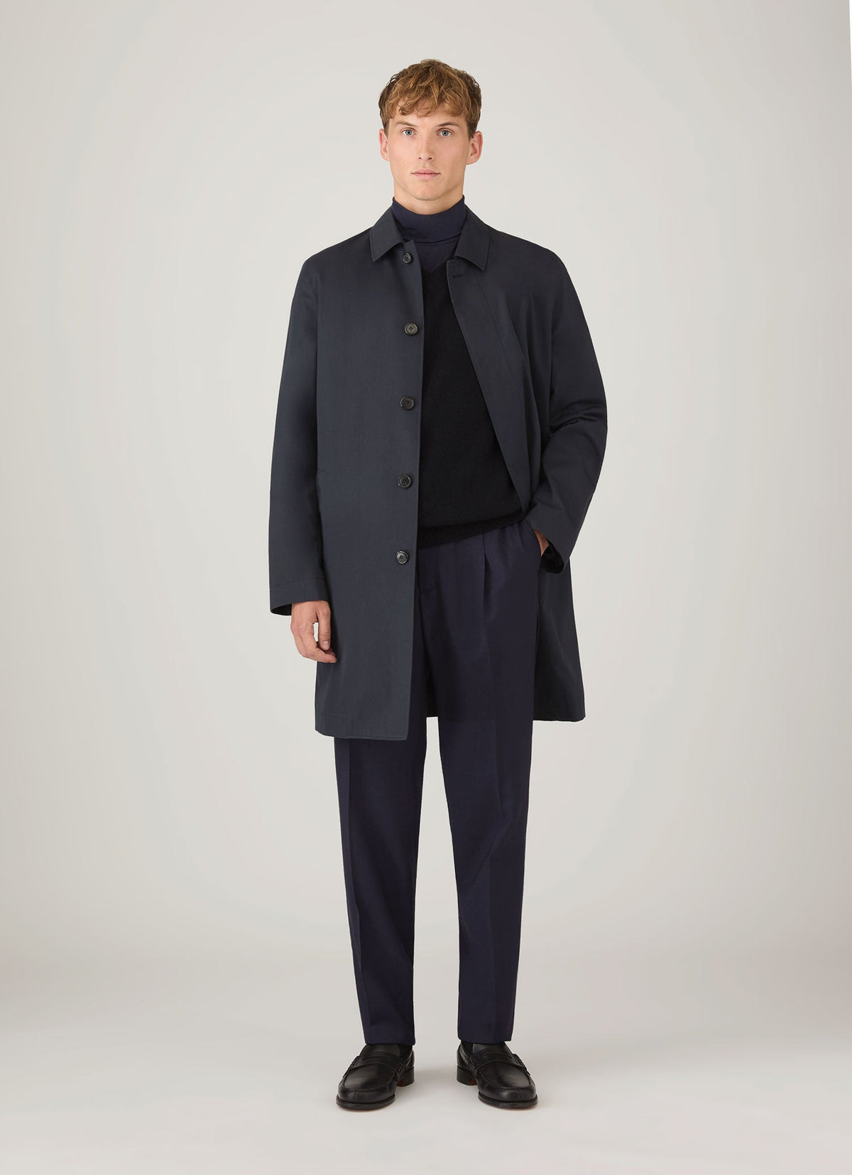 Mens Pleated Wool Twill Trouser In Navy Mtrs3122 Buaa